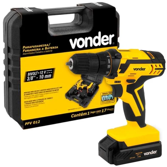 Parafusadeira Furadeira PFV012 12V C/ Carregador, Bateria e Maleta Vonder